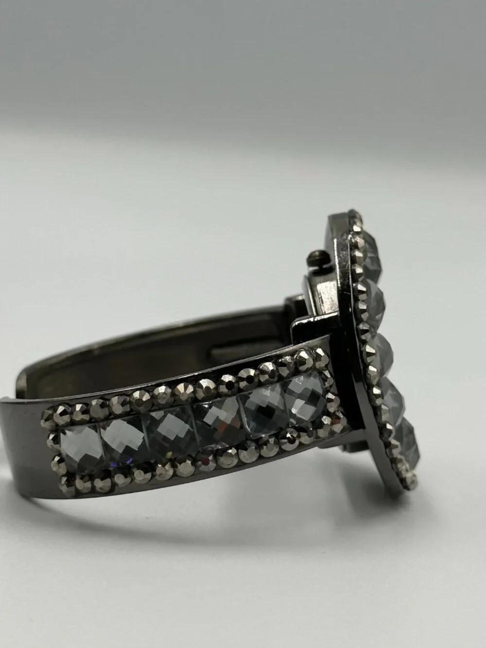 Cannes Rhinestone Watch Women Gunmetal Hinged Cuff Band New Battery 6.5